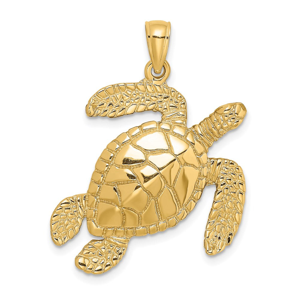 14K Large Textured Swimming Sea Turtle Charm