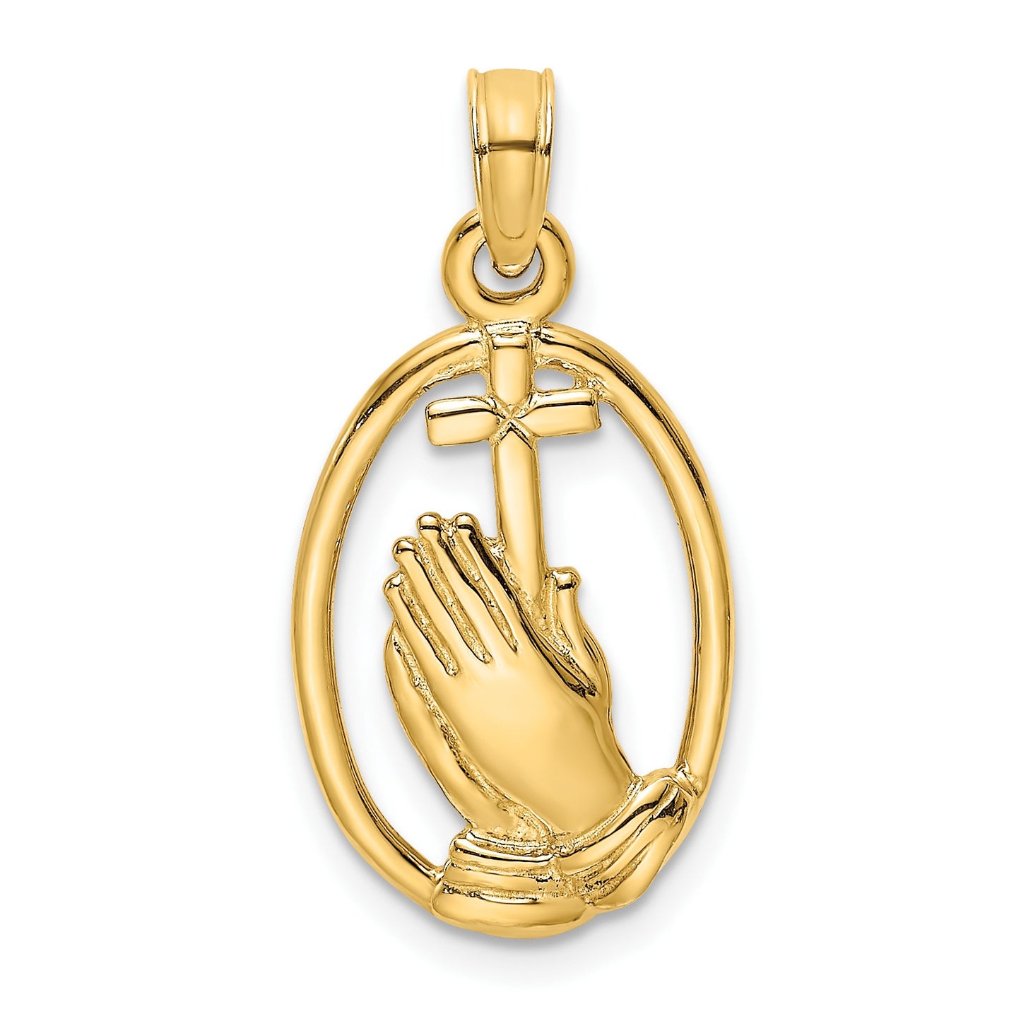 14K Praying Hands and Cross In Oval Charm