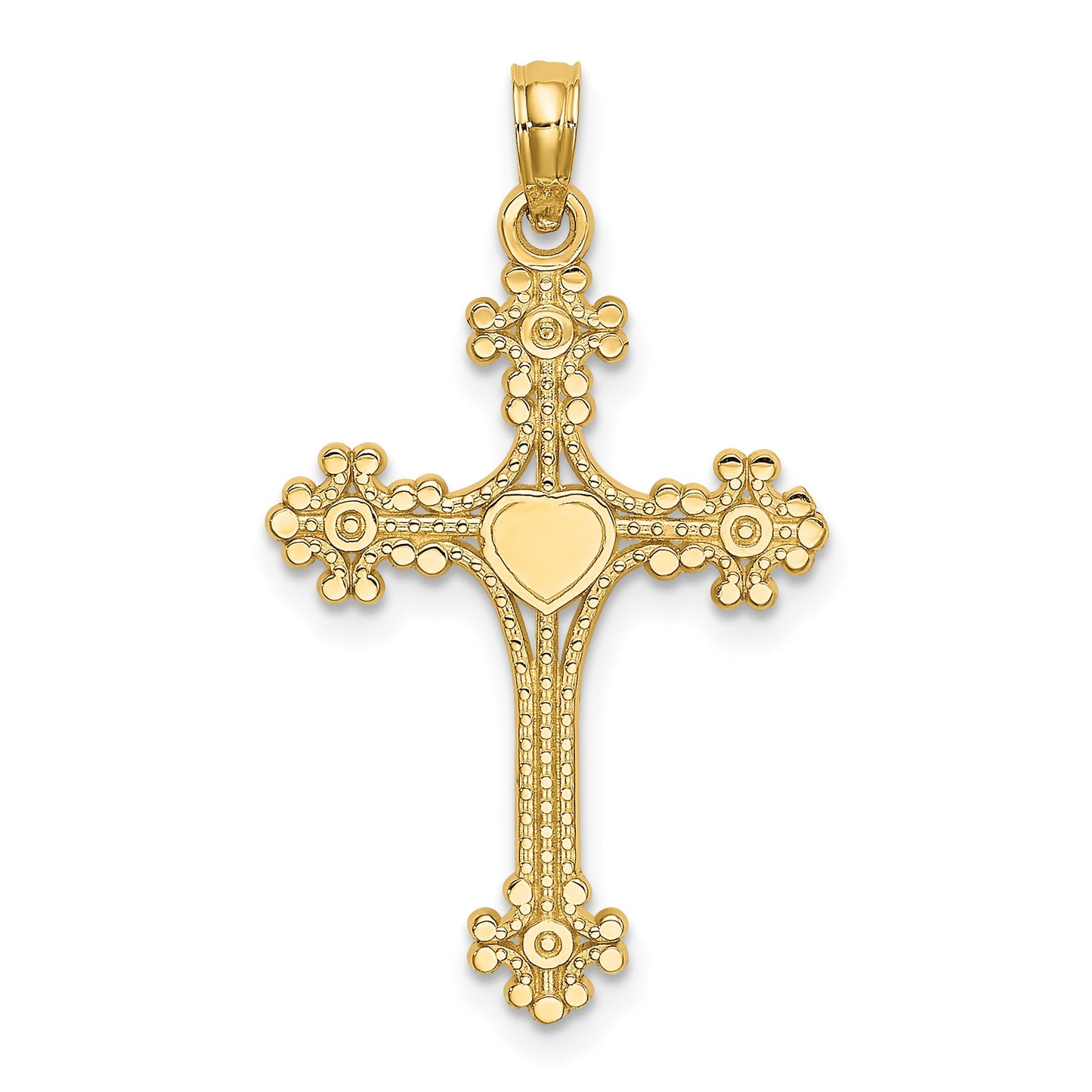 14K Beaded Tip Cross with Heart Center Charm