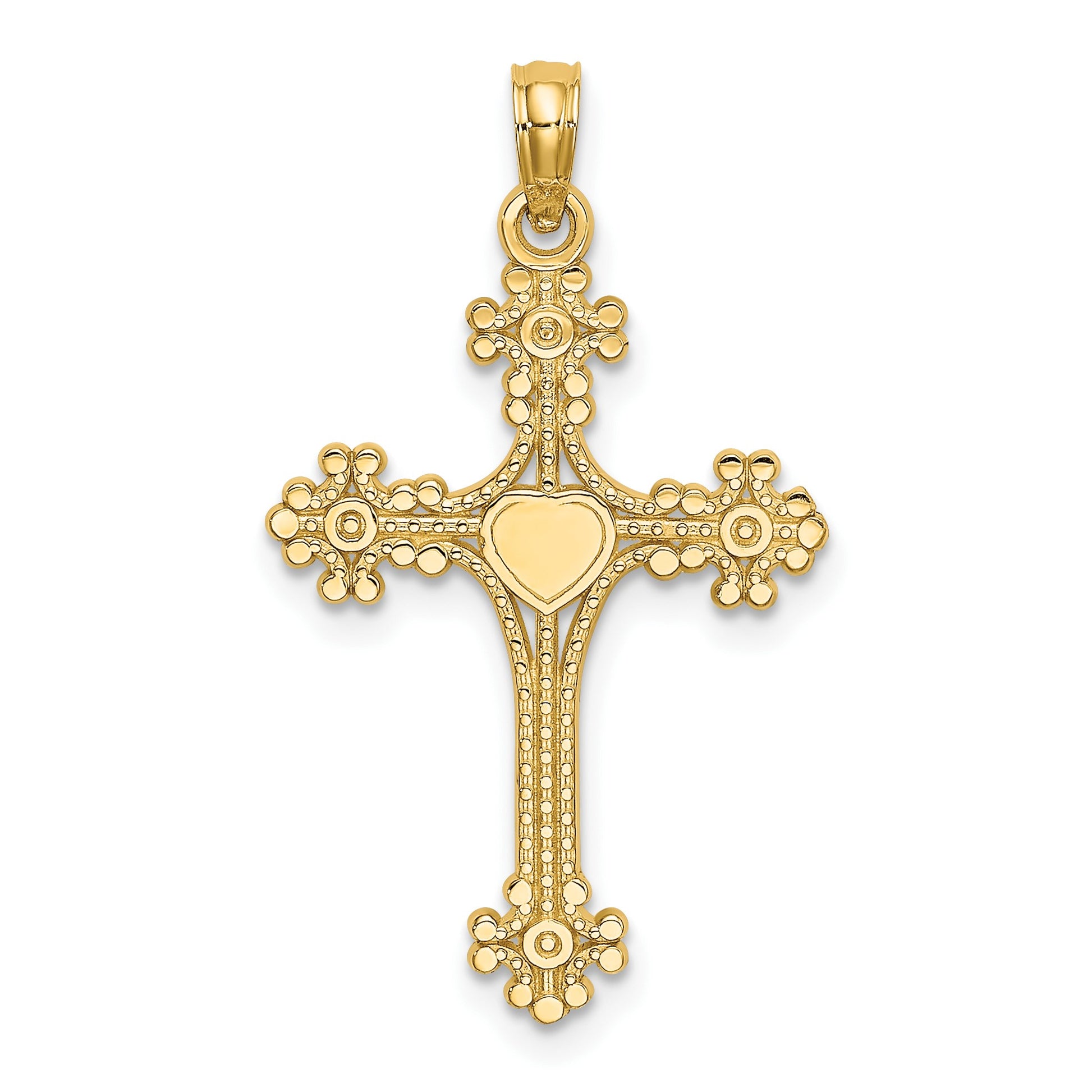 14K Beaded Tip Cross with Heart Center Charm