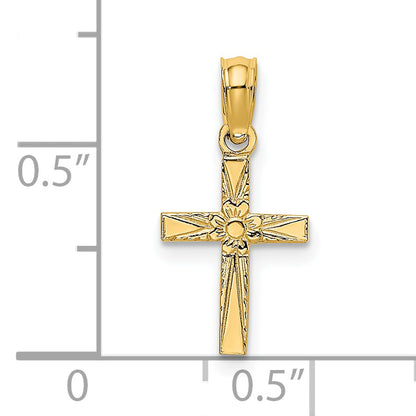 14K Polished and Engraved Mini Cross with Flower Charm