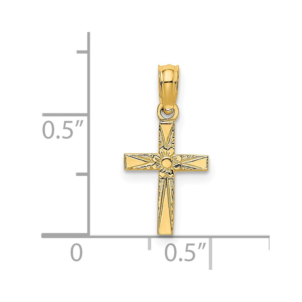 14K Polished and Engraved Mini Cross W/ Flower Charm