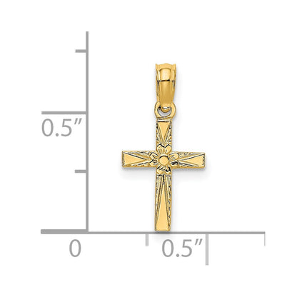 14K Polished and Engraved Mini Cross W/ Flower Charm