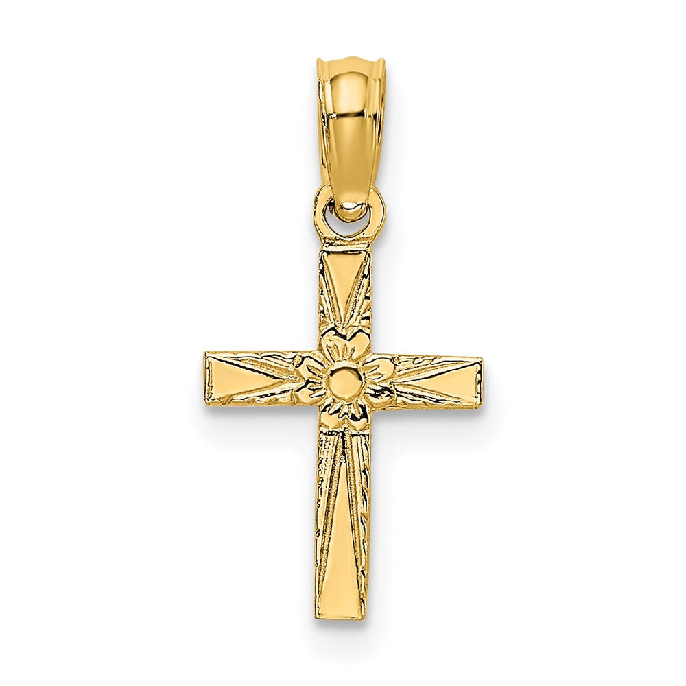 14K Polished and Engraved Mini Cross W/ Flower Charm