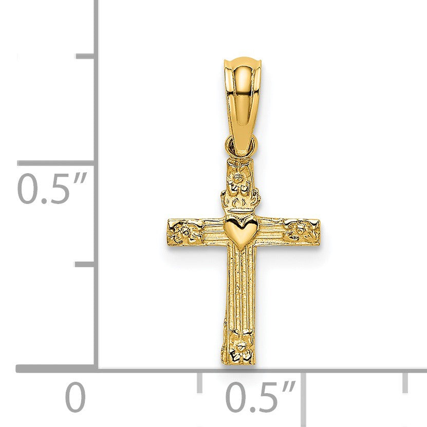 14K Textured Mini Cross with Heart Charm