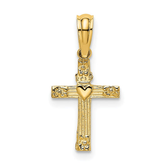 14K Textured Mini Cross w/ Heart Charm