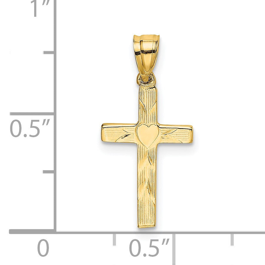 14K Polished and Textured Cross with Heart Center Charm