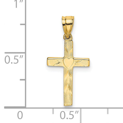 14K Polished and Textured Cross with Heart Center Charm