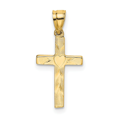14K Polished and Textured Cross with Heart Center Charm