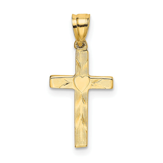 14K Polished and Textured Cross with Heart Center Charm