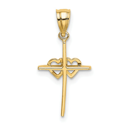 14K Polished Double Hearts On Stick Cross Charm
