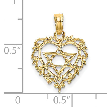 14K Textured Star Of David In Scalloped Heart Charm