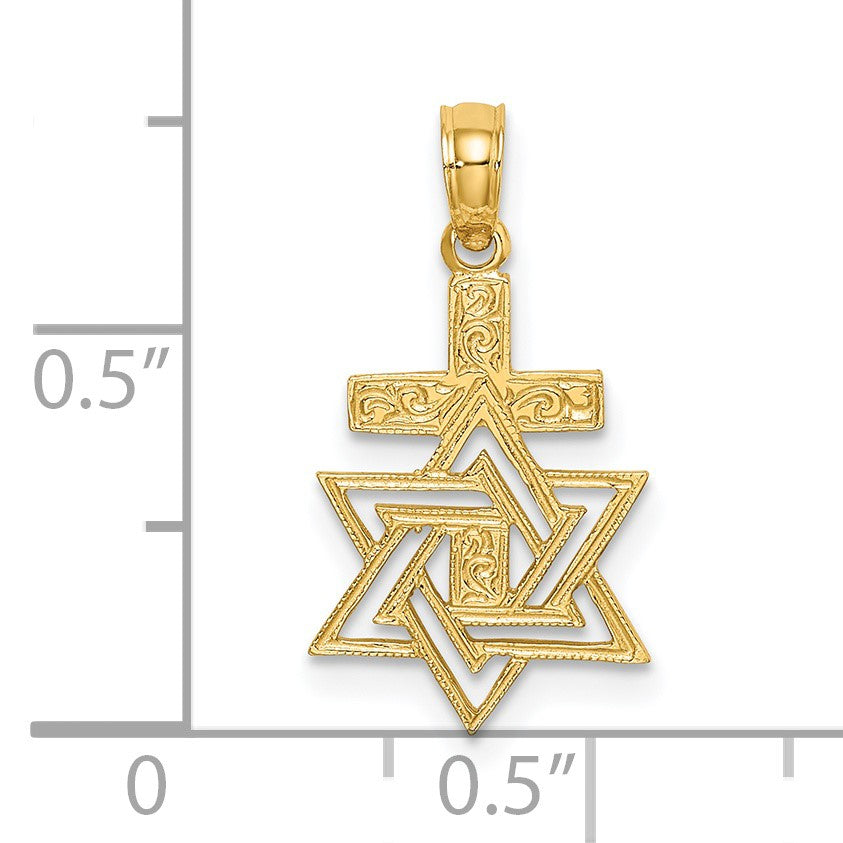 14K Polished and Textured Star Of David and Cross Charm