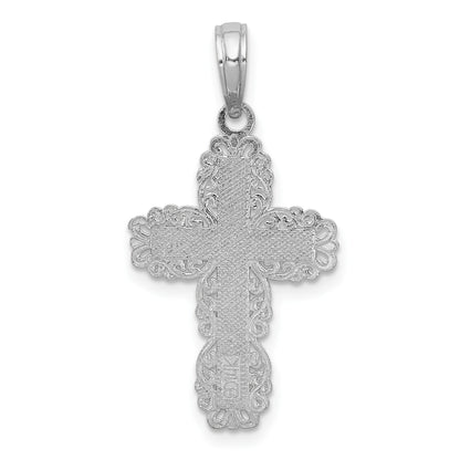 14K White Gold Textured with Lace Trim Cross Charm