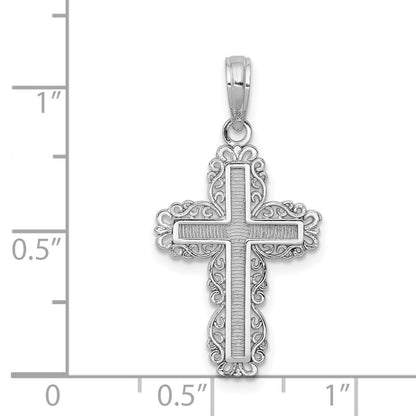 14K White Gold Textured with Lace Trim Cross Charm