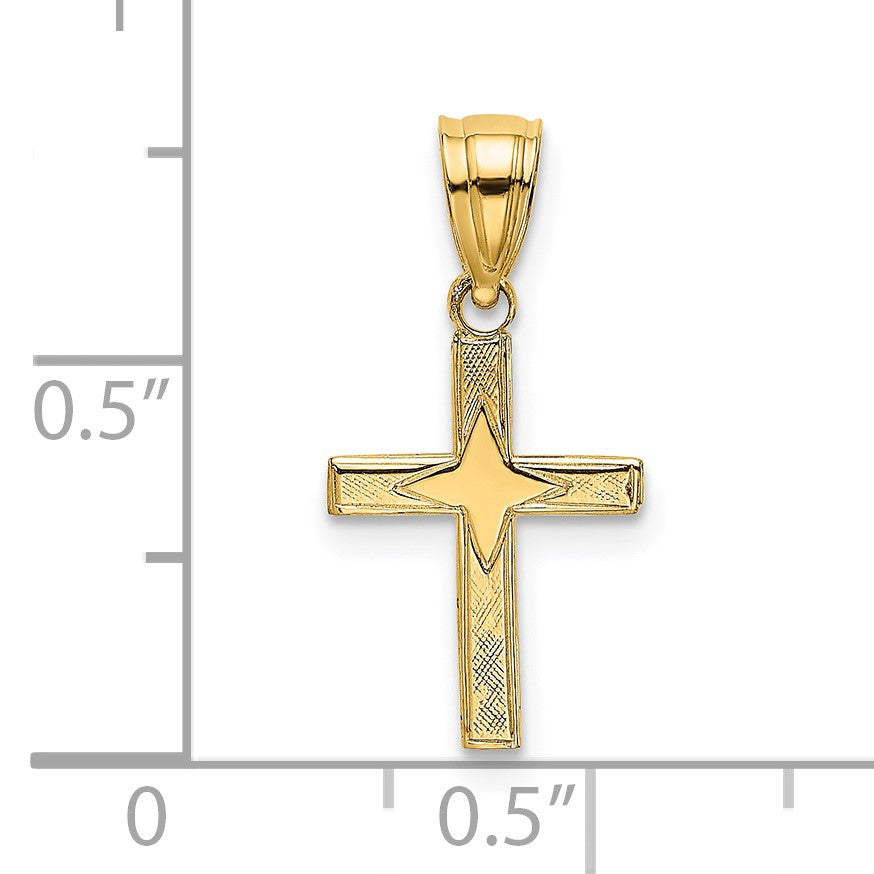 14K Polished with  Star Pattern Mini Cross Charm