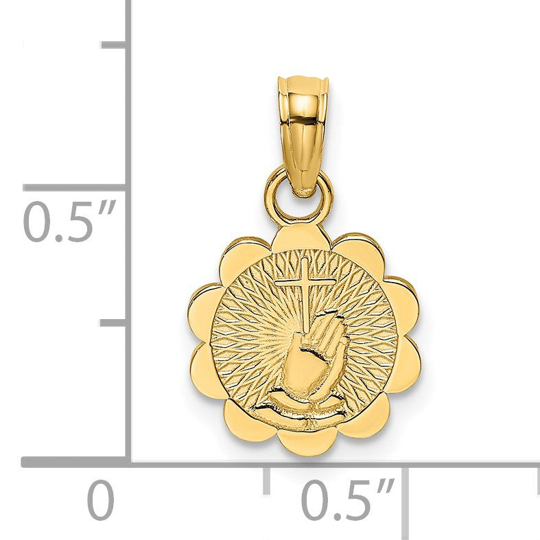 14K Praying Hands and Cross On Scalloped Round Disc Charm