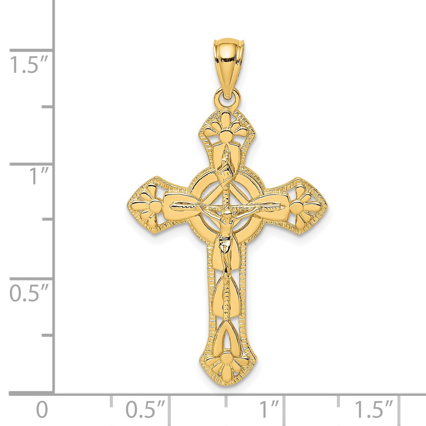 14K Textured Crucifix with Floral Tips Charm