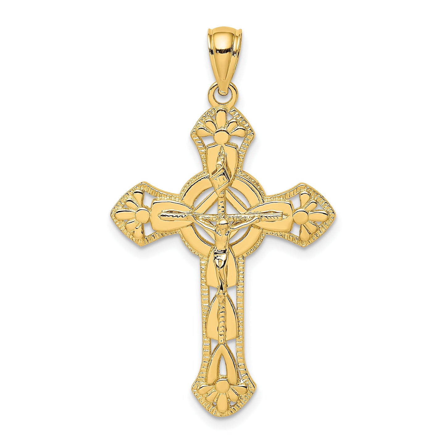 14K Textured Crucifix with Floral Tips Charm
