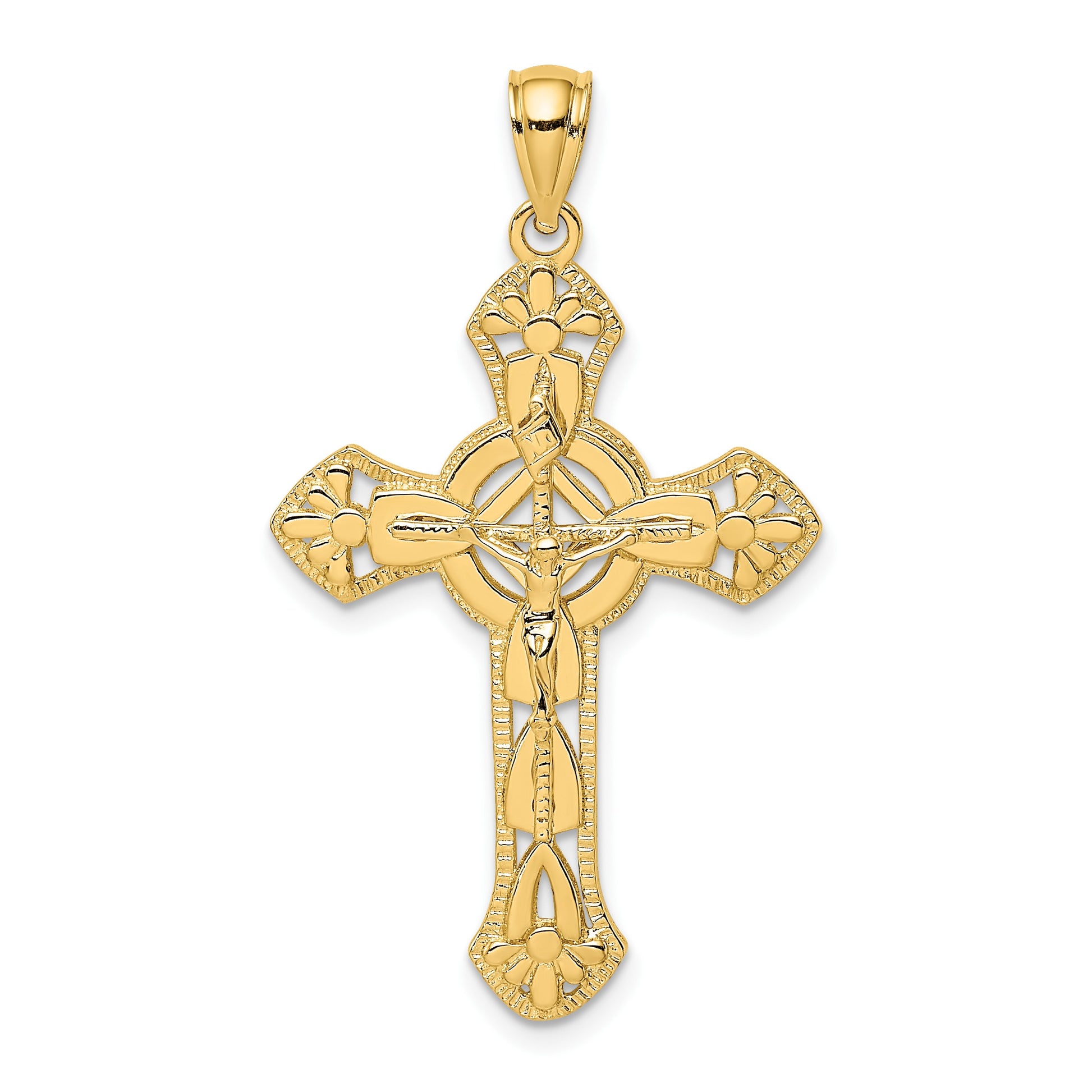 14K Textured Crucifix with Floral Tips Charm