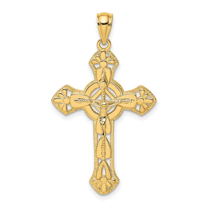 14K Textured Crucifix with Floral Tips Charm