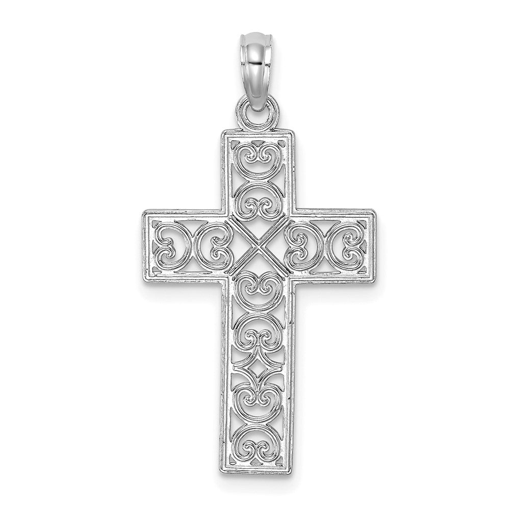 14K White Gold Polished Sqaure Cross w/ Heart Design Charm