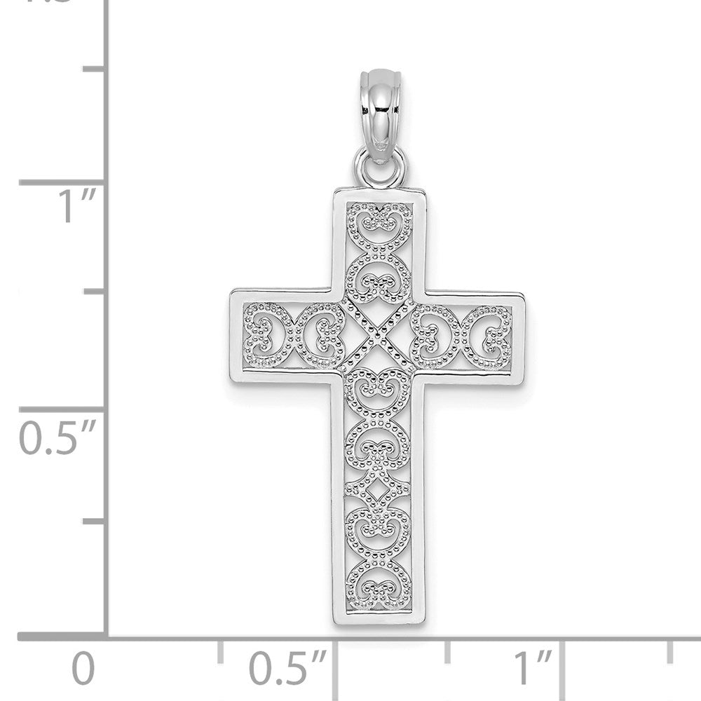 14K White Gold Polished Sqaure Cross w/ Heart Design Charm