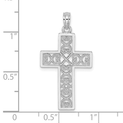 14K White Gold Polished Sqaure Cross w/ Heart Design Charm