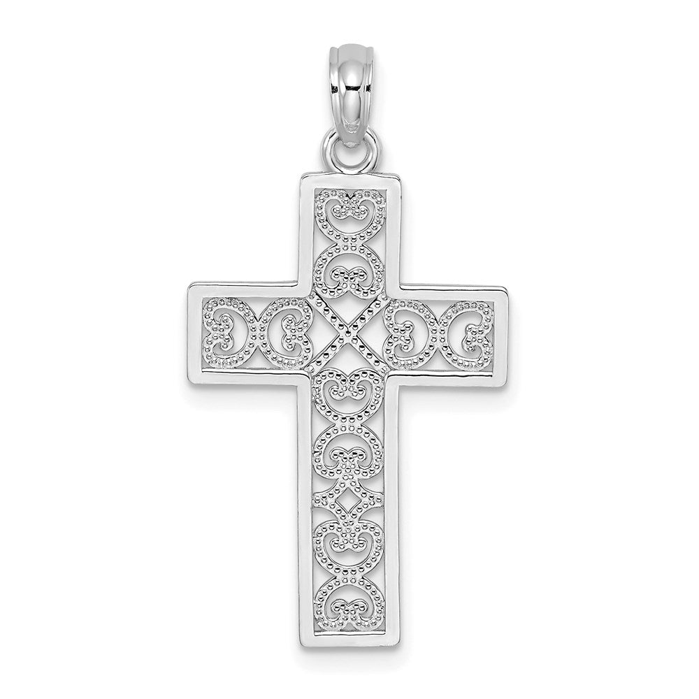 14K White Gold Polished Sqaure Cross w/ Heart Design Charm