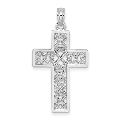 14K White Gold Polished Sqaure Cross w/ Heart Design Charm