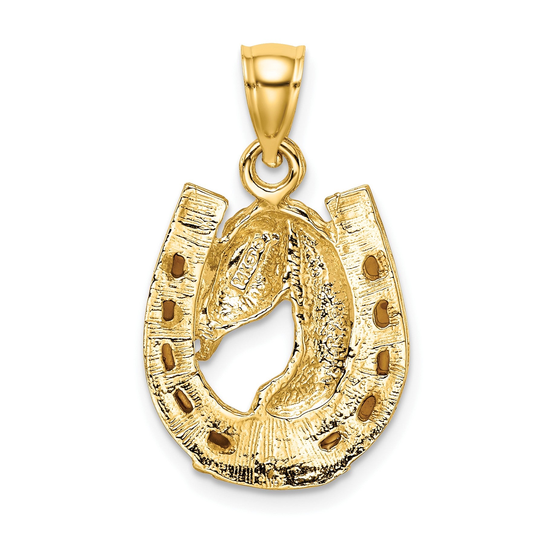 14K Brown Enameled Horse Head In Horseshoe Charm