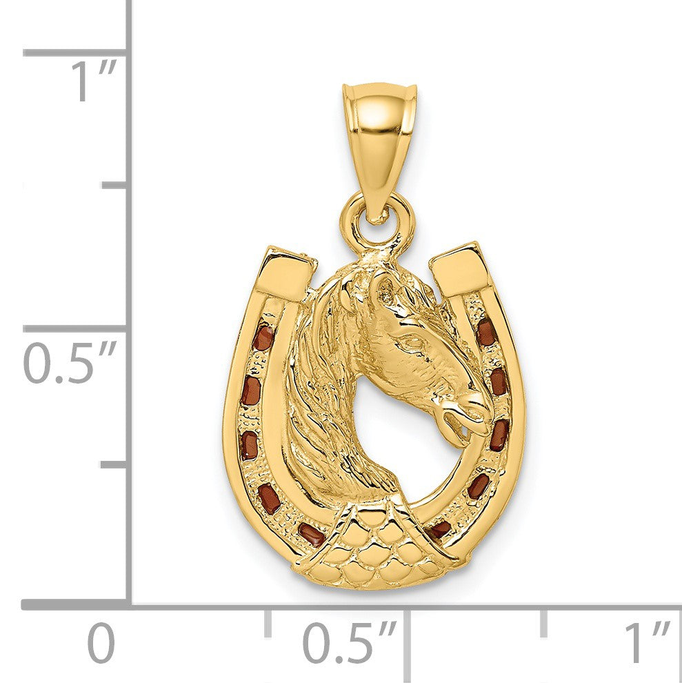 14K Brown Enameled Horse Head In Horseshoe Charm