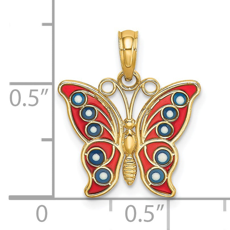 14K Red and Blue Enameled Filigree Butterfly Charm