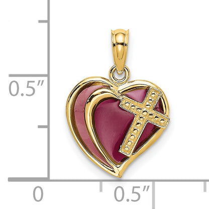 14K with Purple Enamel Cross in Heart Charm