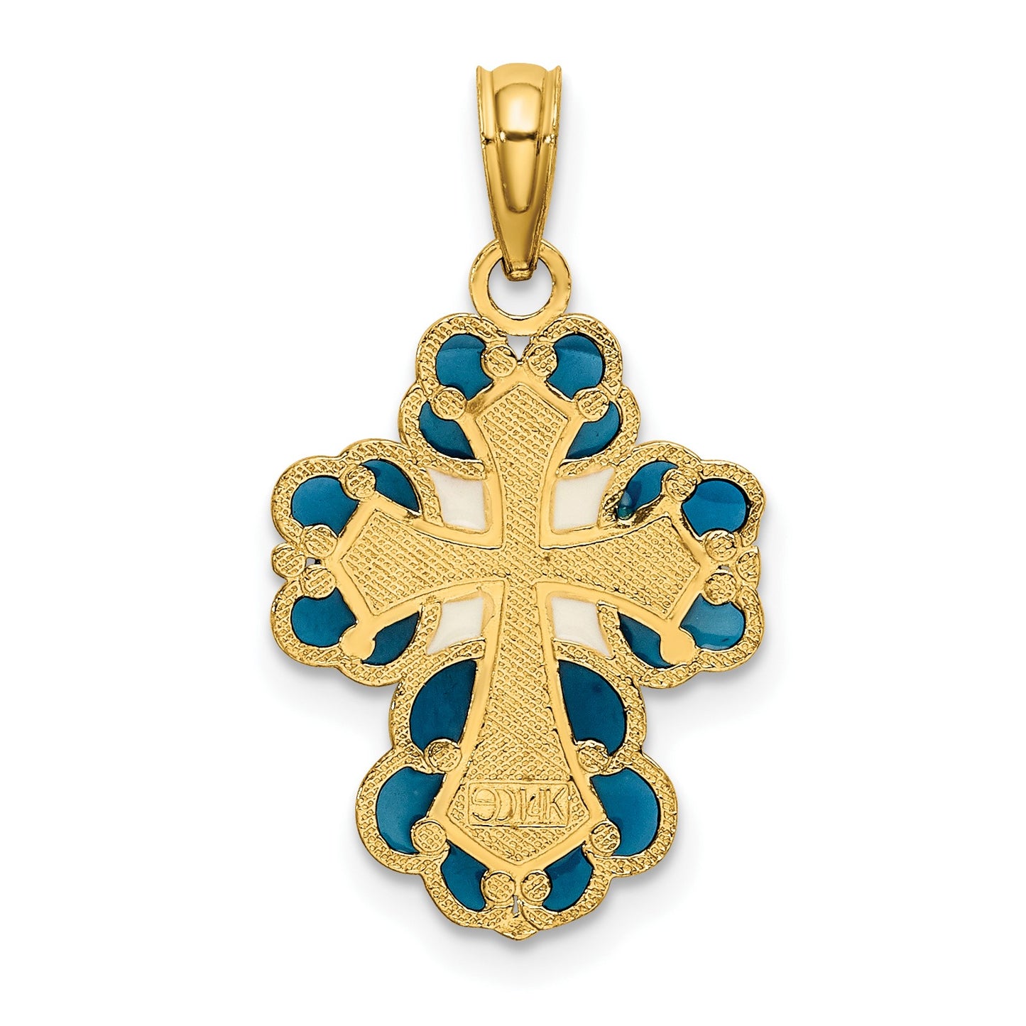 14K Blue/White/Red Enameled with Lacey Trim Cross Charm