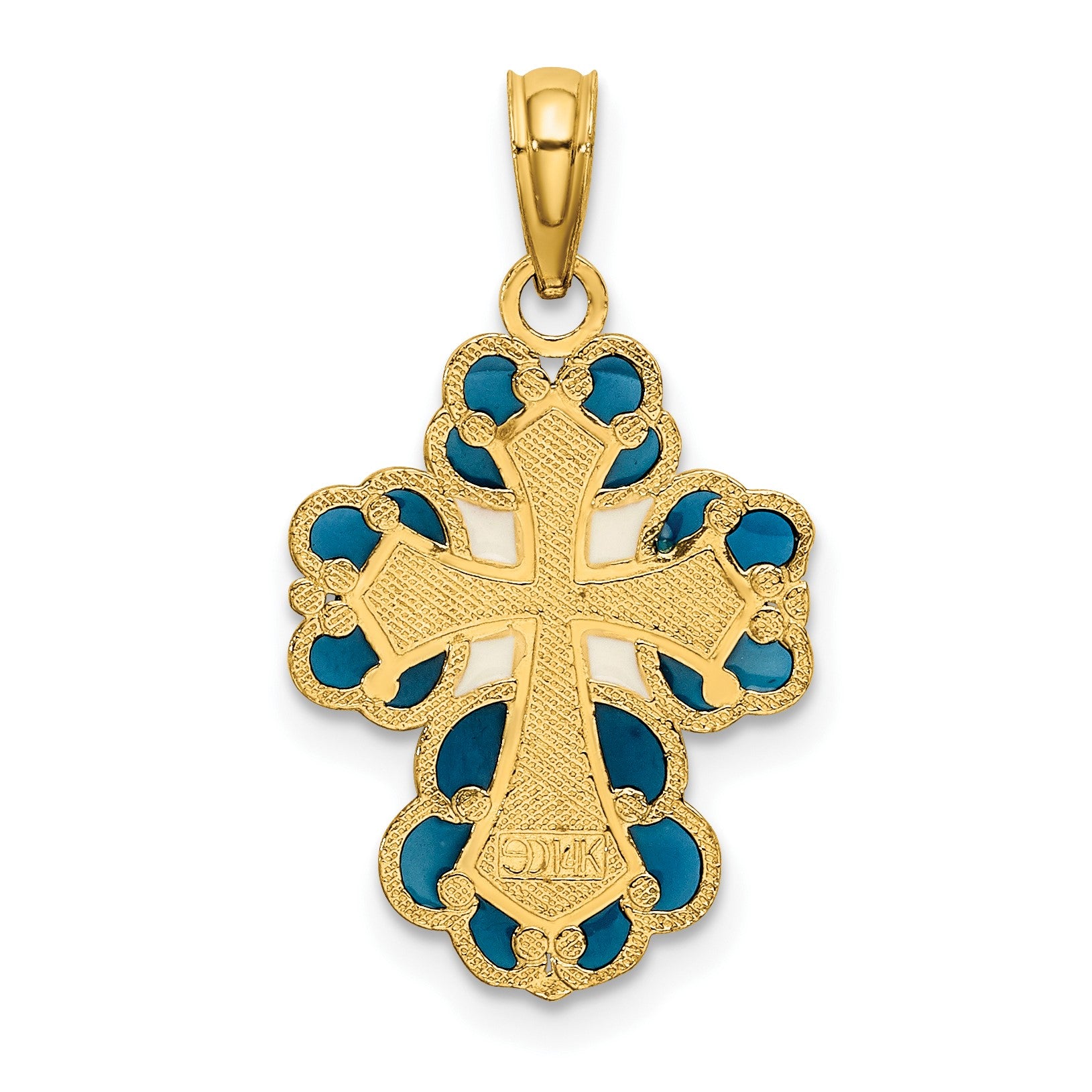 14K Blue/White/Red Enameled with Lacey Trim Cross Charm