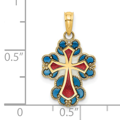 14K Blue/White/Red Enameled with Lacey Trim Cross Charm