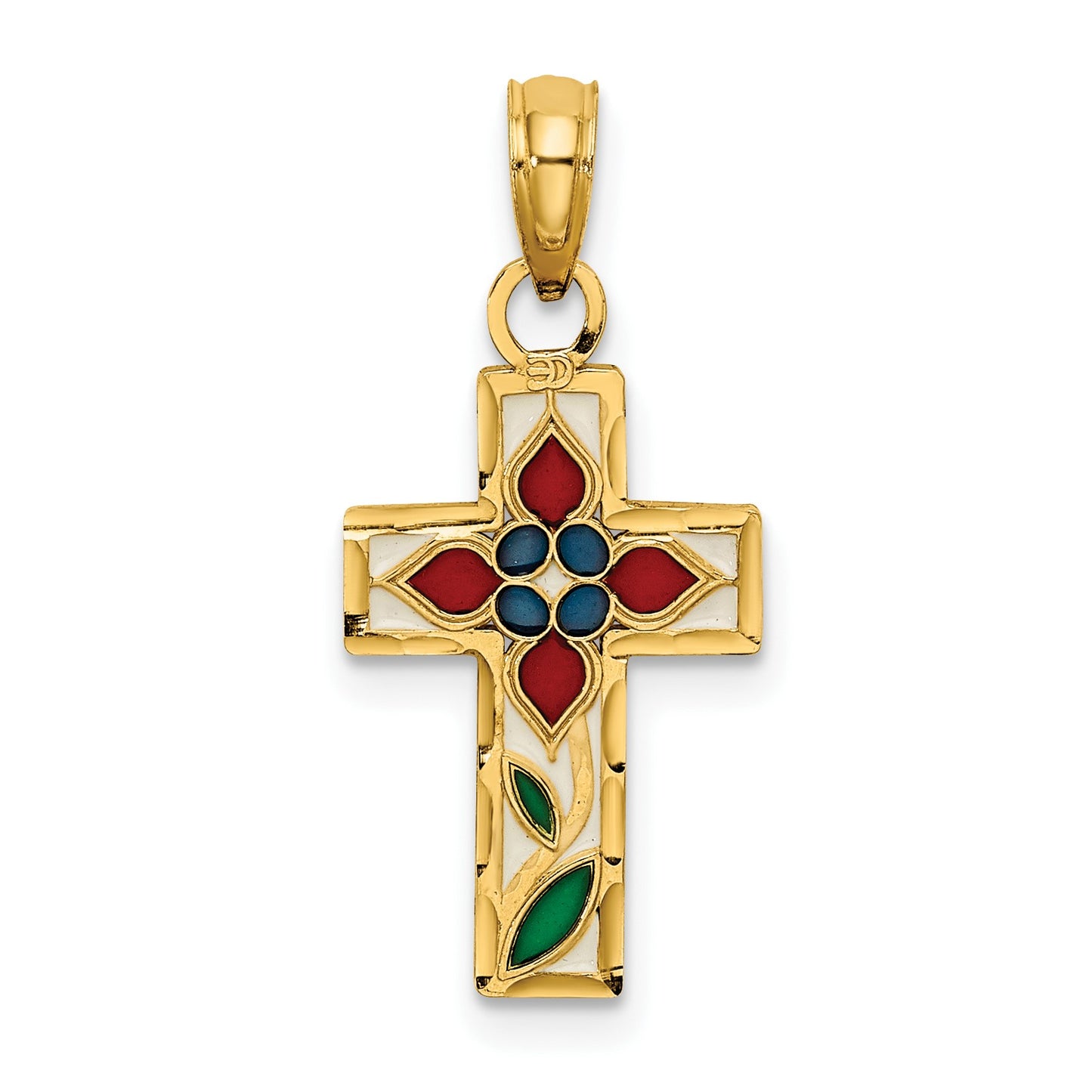 14K Multi-color Enameled with Flower Cross Charm