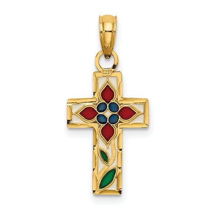 14K Multi-color Enameled with Flower Cross Charm