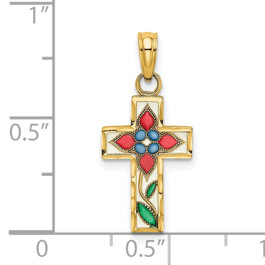 14K Multi-color Enameled with Flower Cross Charm
