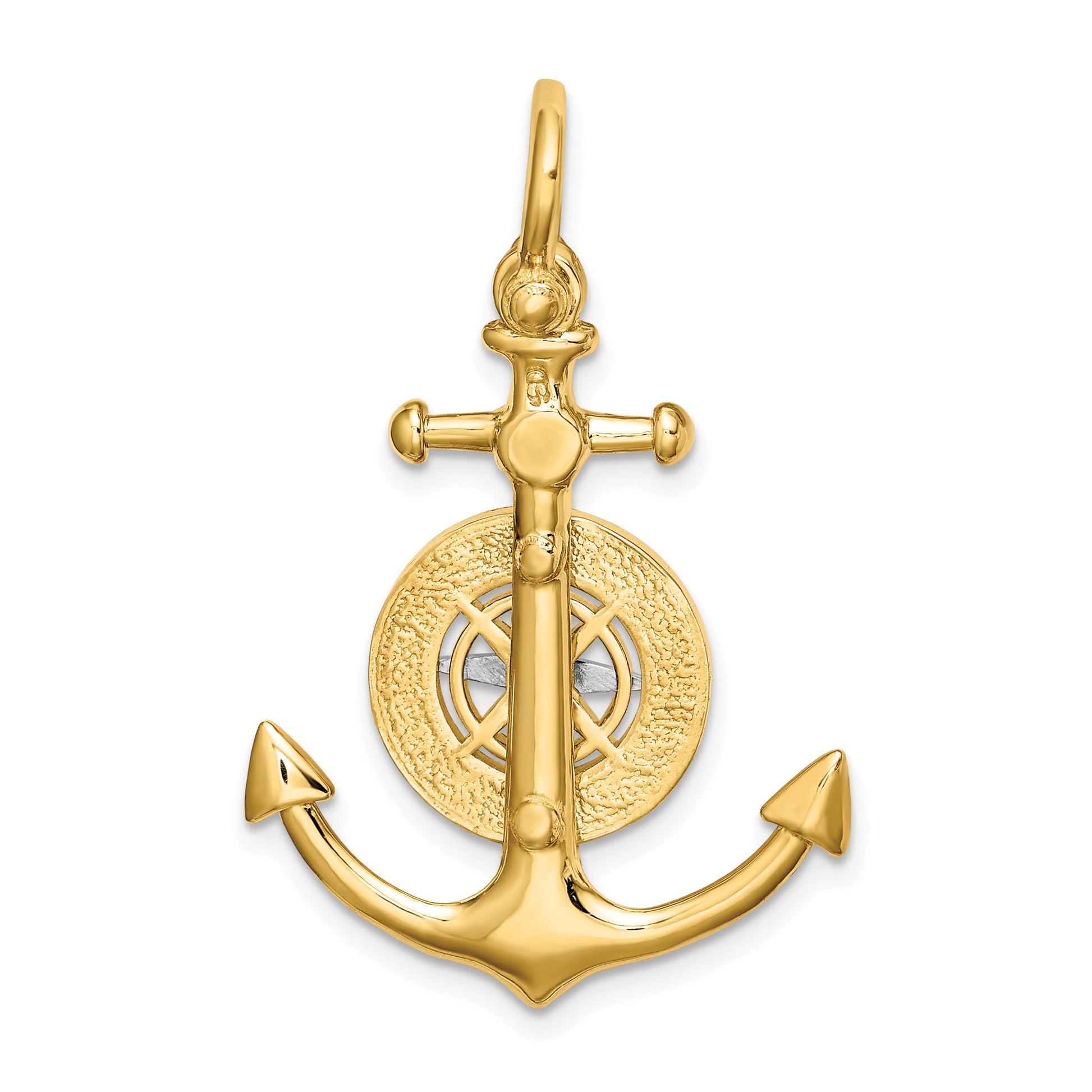 14K Two-tone 3-D Anchor with Compass and Rhodium Needle Charm