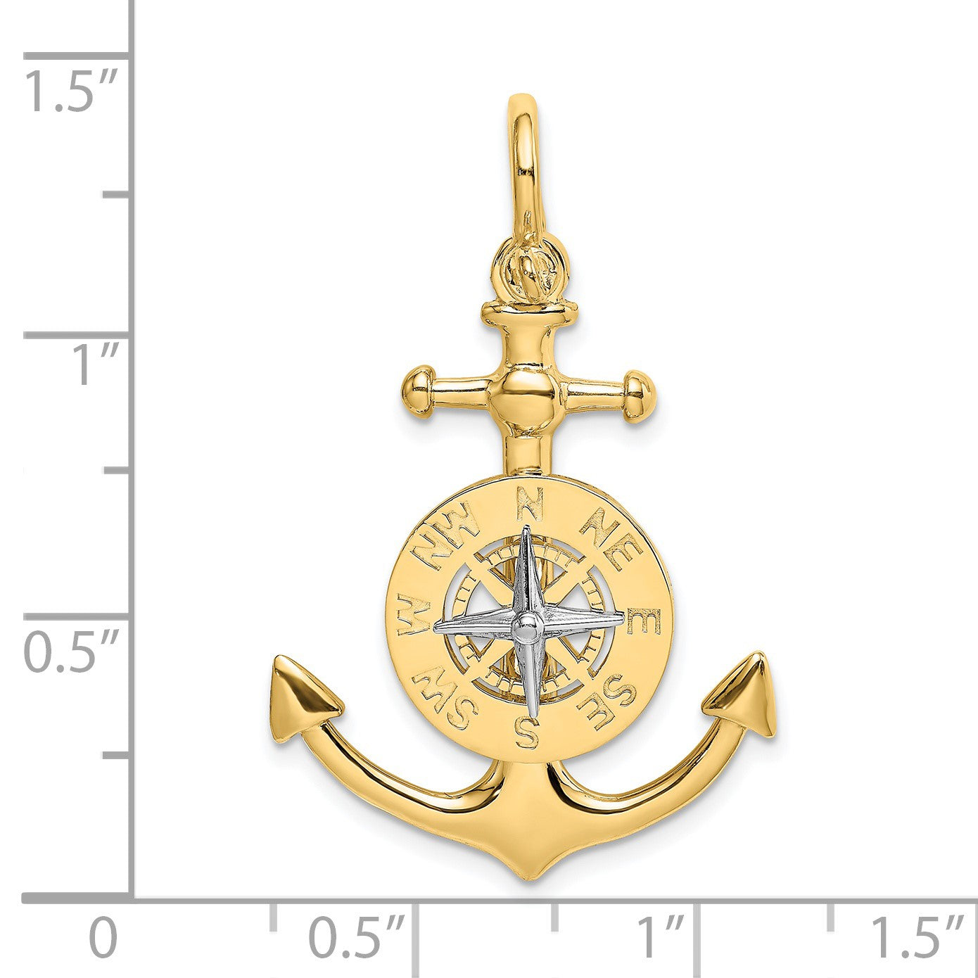 14K Two-tone 3-D Anchor with Compass and Rhodium Needle Charm