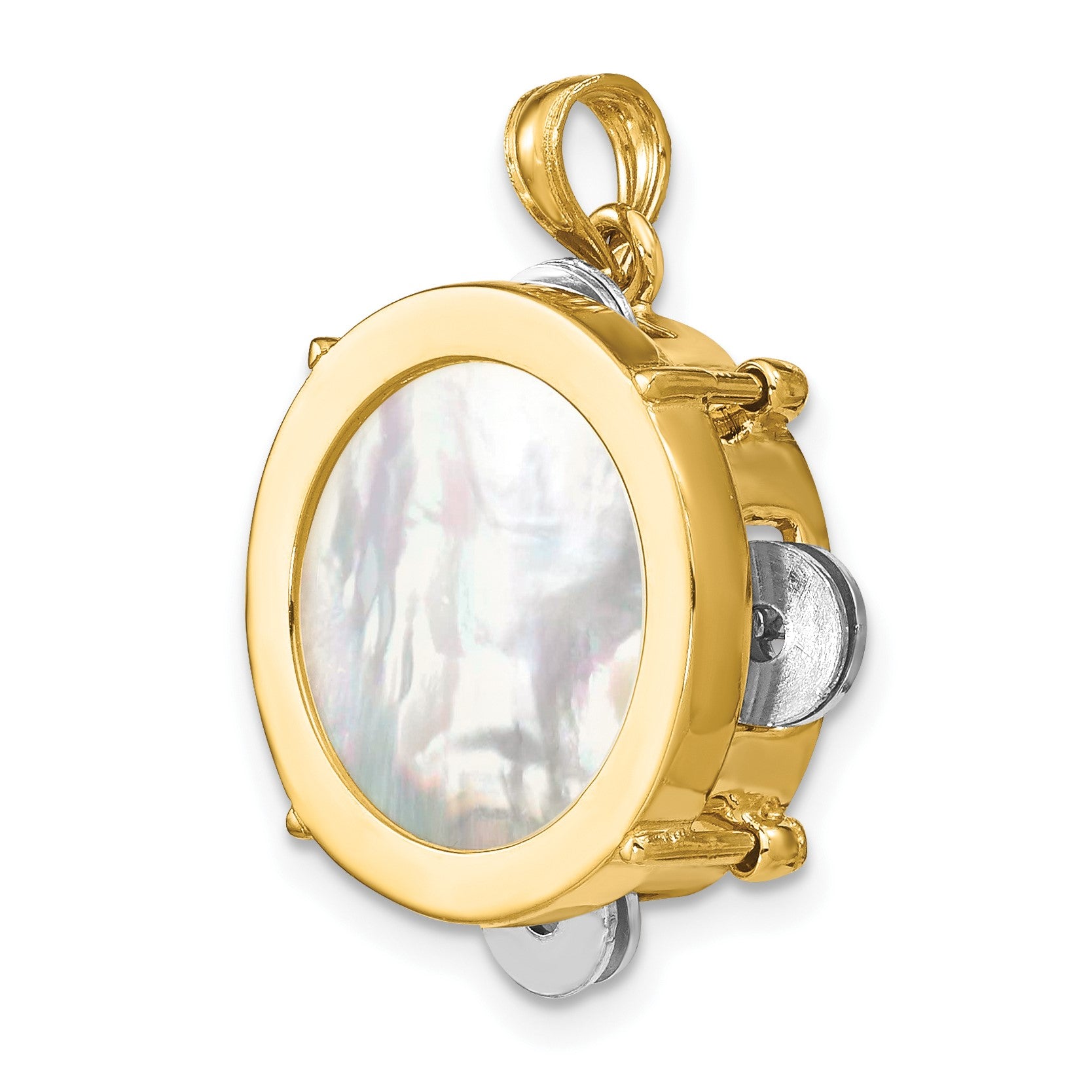 14K Two-tone 3-D Tambourine with Moveable Jingles Mother of Pearl Charm