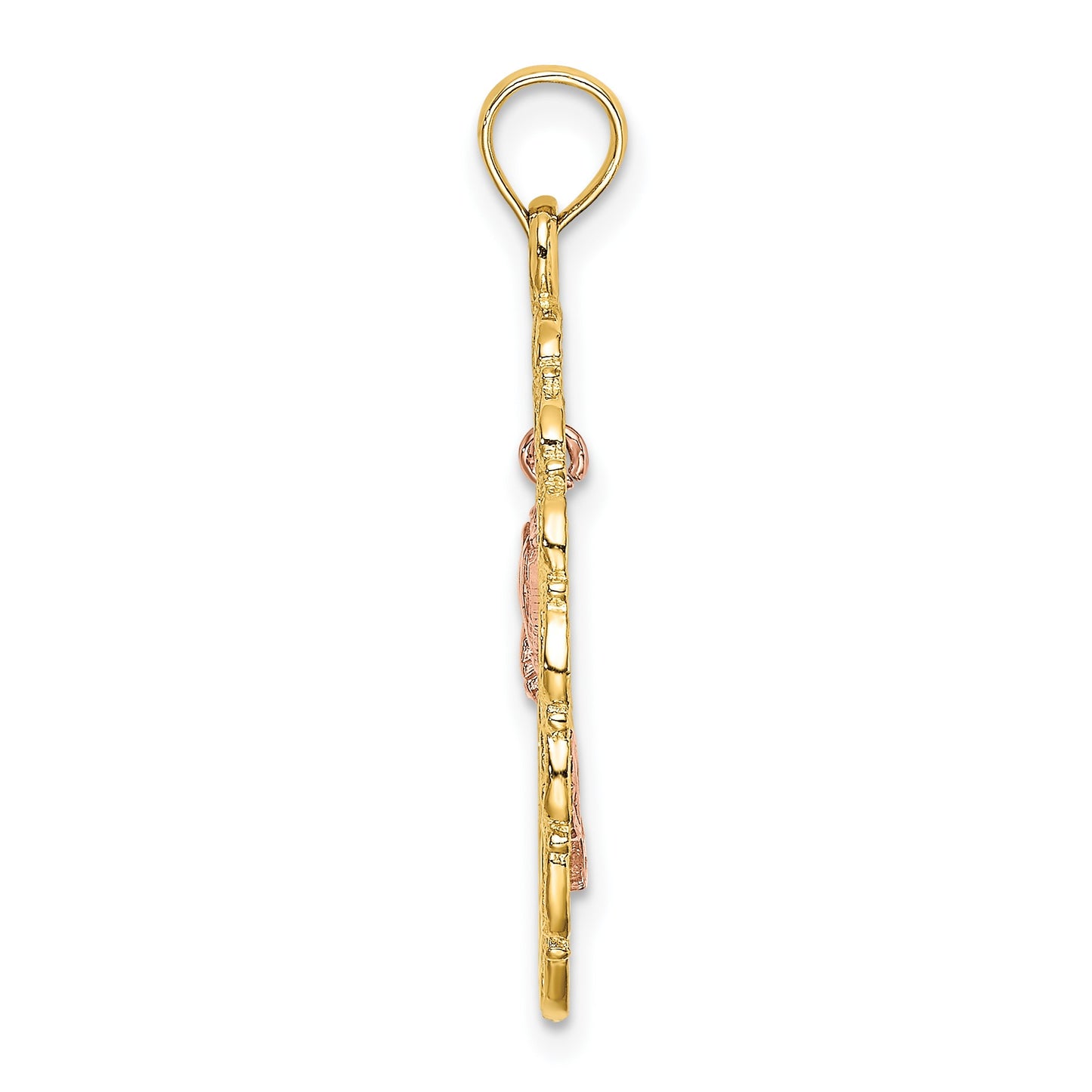 14k Two-Tone Textured Oval Frame with Dangling Rose Charm