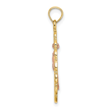 14k Two-Tone Textured Oval Frame with Dangling Rose Charm