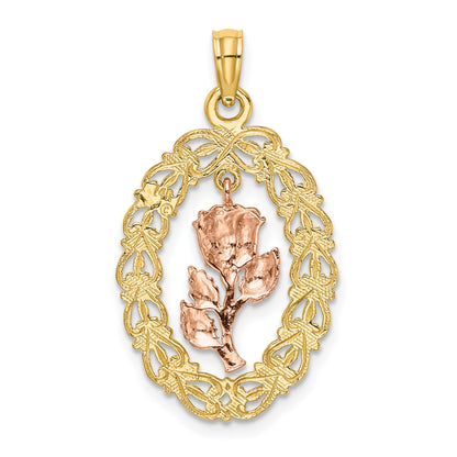 14k Two-Tone Textured Oval Frame with Dangling Rose Charm