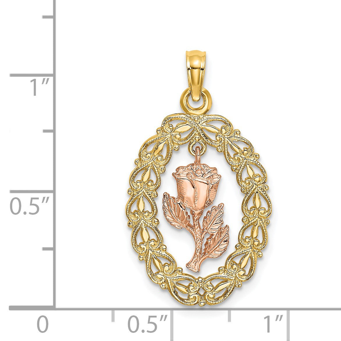 14k Two-Tone Textured Oval Frame with Dangling Rose Charm