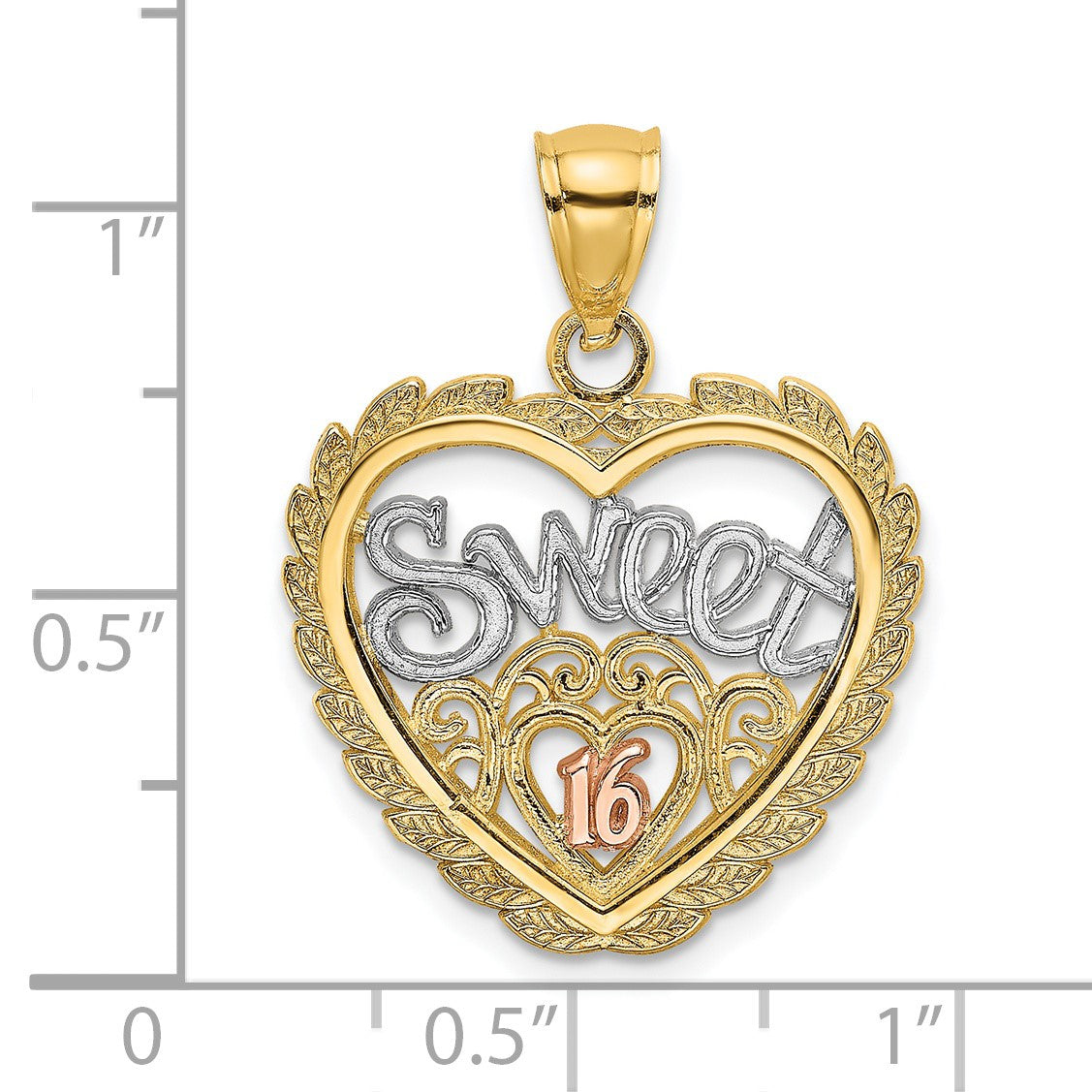 14k Two-tone with White Rhodium SWEET 16 In Heart Charm