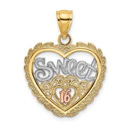 14k Two-tone with White Rhodium SWEET 16 In Heart Charm