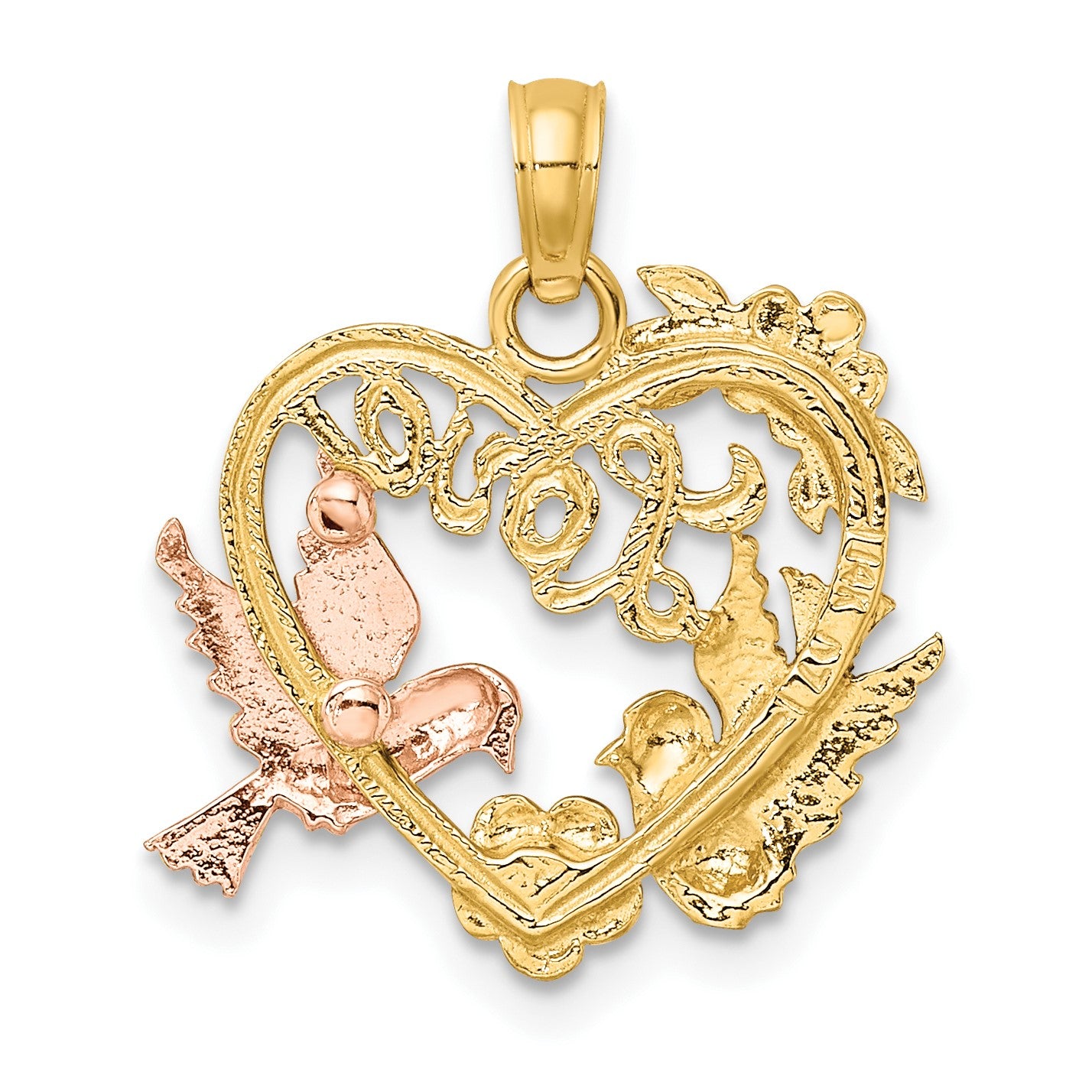 14k Yellow and Rose Gold with White Rhodium LOVE with Doves Heart Charm